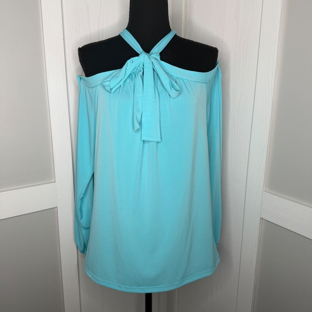 Michael Kors Cold Shoulder Top Womens Medium Turquoise Halter Tie Neck